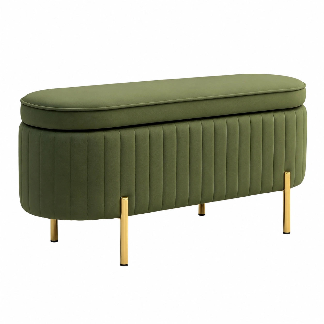Panca Contenitore Ingresso Ovale 72L Coperchio Sollevabile Verde, Scanalato, Seduta Imbottita, Pouf Cassapanca Fondo Letto, Velluto