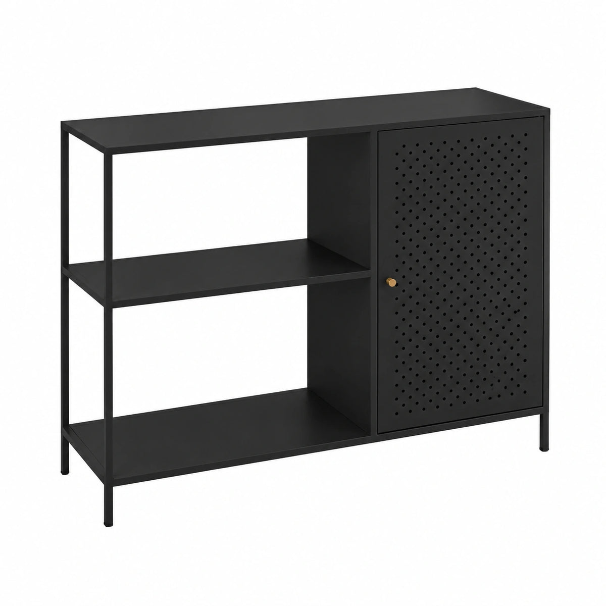 Tavolo a Consolle Mobile Stretto in Metallo con Ripiani e Anta Traforata Mobile da Ingresso Corridoio Soggiorno 75 × 100 × 30 cm Nero