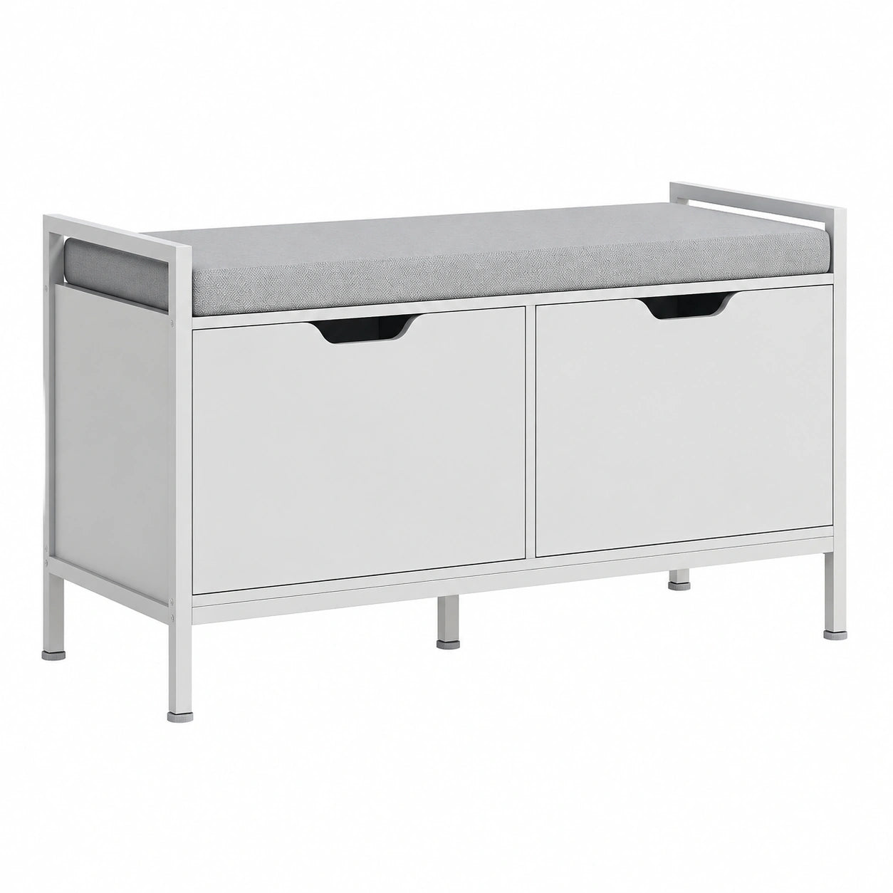 Panca Scarpiera a 2 Armadietti da Ingresso 84 × 35 × 50 cm Bianco, per 4 Paia di Scarpe, con Cuscino, Tessuto Effetto Lino, Legno e Acciaio