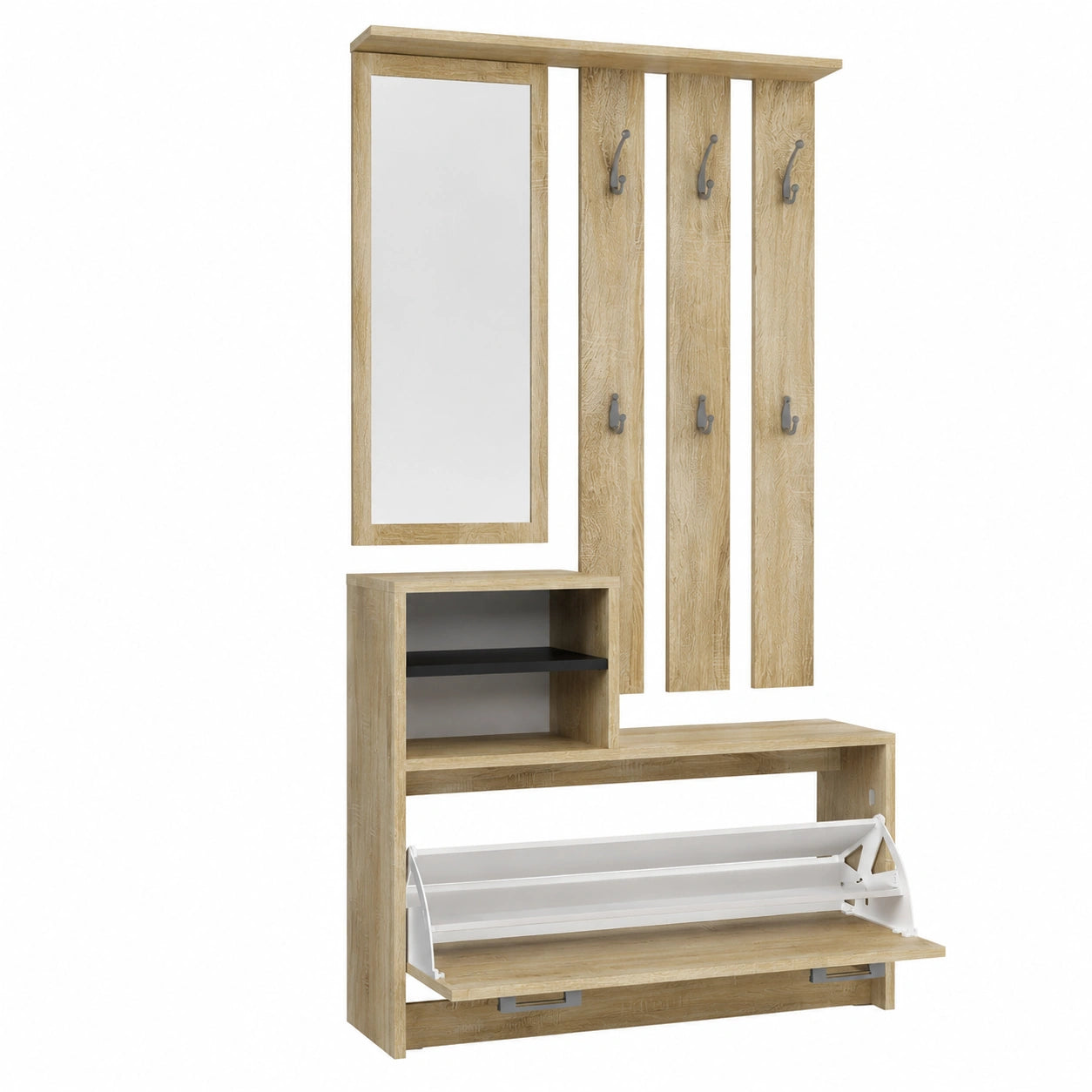 Mobile Ingresso set Guardaroba Rovere Sonoma con Specchio Appendiabiti 6 Ganci Scarpiera Portascarpe 9 Paia Salvaspazio 85 × 24 × 180 cm Legno Chiaro