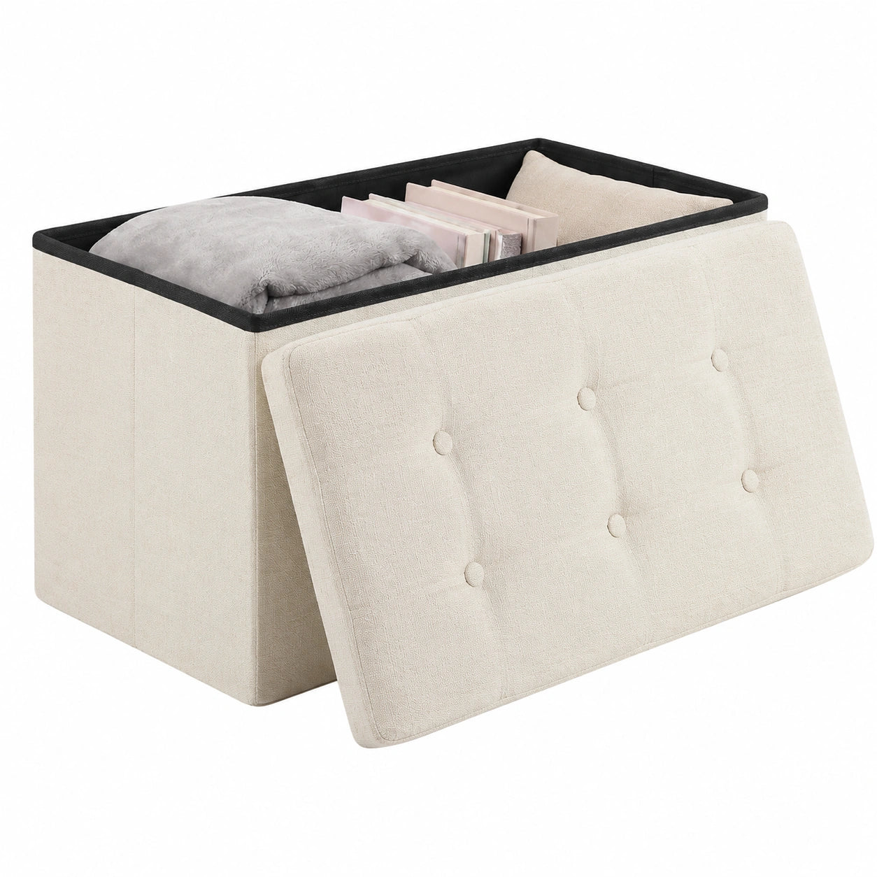 Pouf Contenitore Pieghevole con Coperchio in Tessuto (38 × 76 × 38 cm), Panca Contenitore, Cassapanca da Interno, Baule, Poggiapiedi e Seduta (bianco)