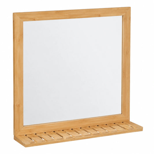 Specchio da Bagno con Mensola da Parete, Specchiera Quadrata con Ripiano, HLP: 61,5 × 60 × 12 cm, bambù, Naturale