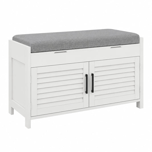 Panca Scarpiera Ripiano 6 Livelli Slim 90 × 36 × 50 cm Bianco, Grigio, Ripiano Interno Regolabile, MDF, Tessuto Effetto Lino
