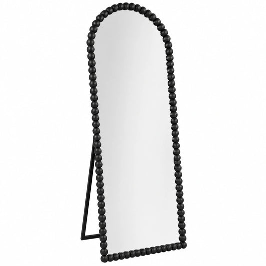 Specchio da terra vintage, 145 × 53 cm, nero, grande specchio ad arco con cornice in poliuretano con perle antiche, specchio decorativo per soggiorno