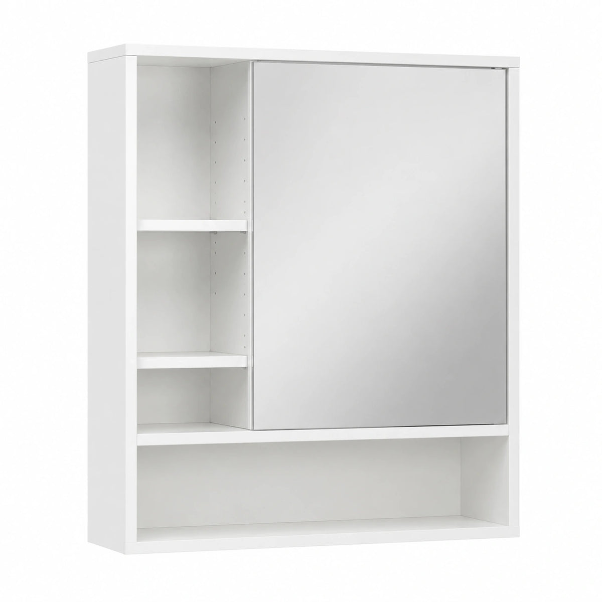 Armadio a Specchio da Bagno, Mobile Specchiera Bagno a Parete con Porta Singola e 3 Ripiani Aperti, Armadietto Pensile in Legno per per Lavanderia
