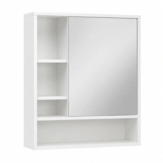 Armadio a Specchio da Bagno, Mobile Specchiera Bagno a Parete con Porta Singola e 3 Ripiani Aperti, Armadietto Pensile in Legno per per Lavanderia