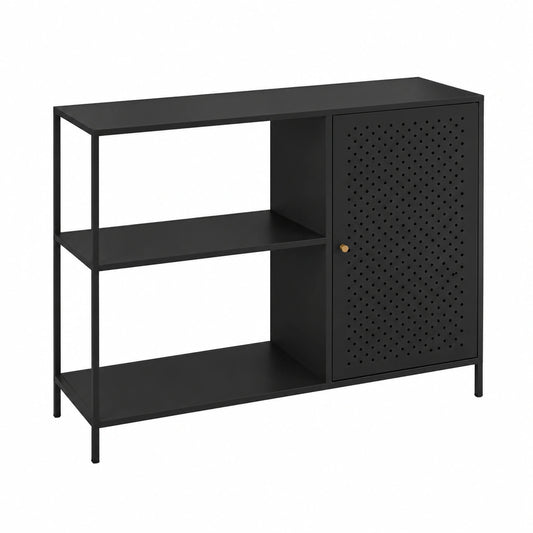 Tavolo a Consolle Mobile Stretto in Metallo con Ripiani e Anta Traforata Mobile da Ingresso Corridoio Soggiorno 75 × 100 × 30 cm Nero