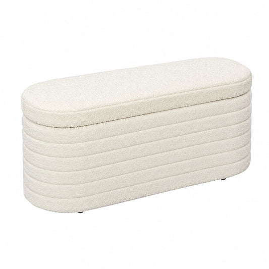 Panca Camera da Letto Imbottita 116 × 41 × 40.5cm Bianco Crema, Panca Contenitore in Tessuto Teddy, Gambe in Legno di Eucalipto, per Ingresso