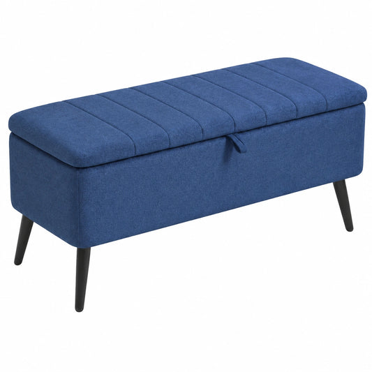 Panca Contenitore Rettangolare 102 × 40 × 44 cm Blu Scuro, Seduta Imbottita, Gambe in Acciaio, Pouf Poggiapiedi, Tessuto Effetto Lino