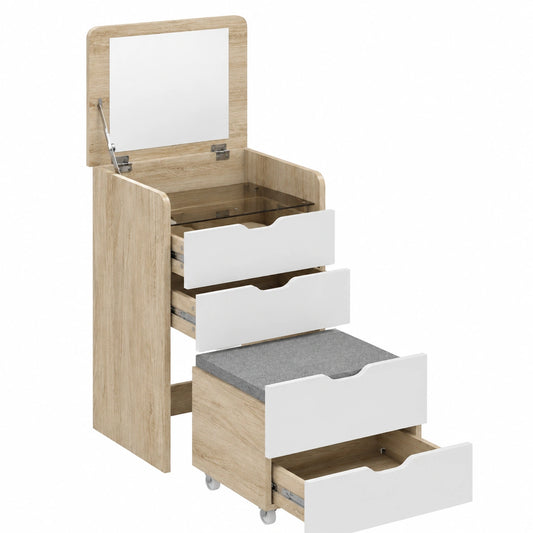 Specchio a Ribalta, Sgabello a Scomparsa, Toeletta Trucco con Sgabello Imbottito a Ruote, 3 Cassetti, Piano in Vetro Visibile