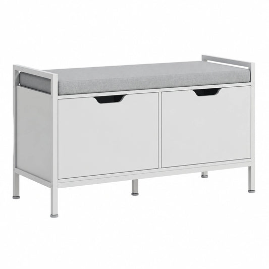 Panca Scarpiera a 2 Armadietti da Ingresso 84 × 35 × 50 cm Bianco, per 4 Paia di Scarpe, con Cuscino, Tessuto Effetto Lino, Legno e Acciaio