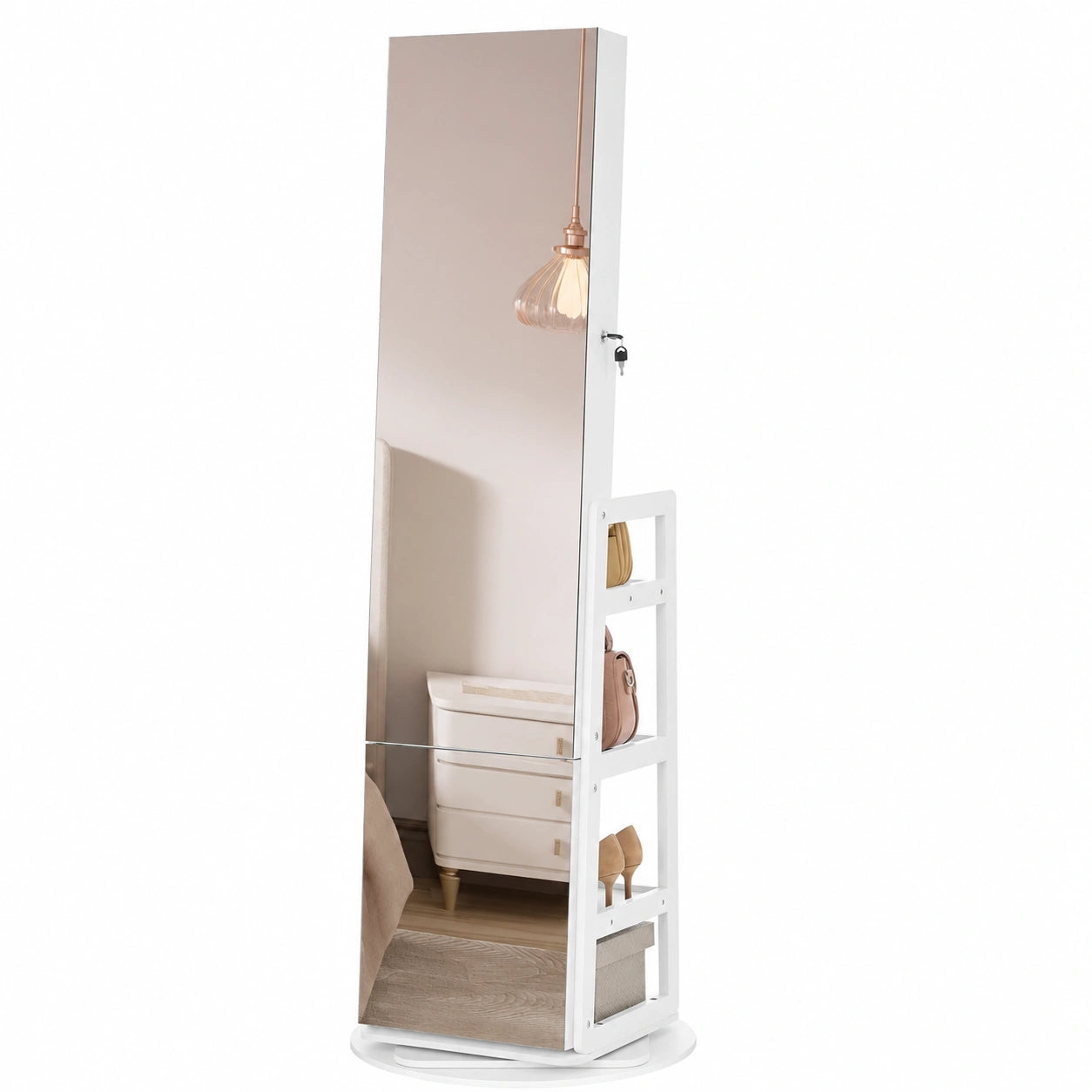 Specchio Portagioielli a Figura Intera, 4 Ripiani, Luci LED Interne, Girevole a 360°, per Camera da Letto Cabina Armadio Ingresso